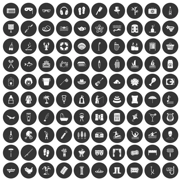 100 icônes de loisirs mis cercle noir — Image vectorielle