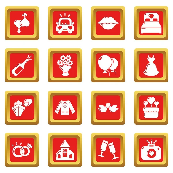 Iconos de boda conjunto rojo cuadrado vector — Vector de stock
