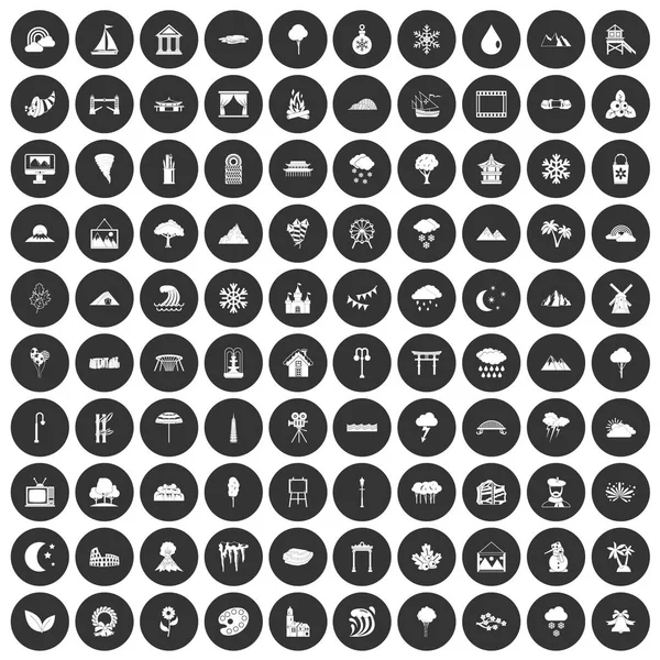 100 landskap ikoner anger svart cirkel — Stock vektor