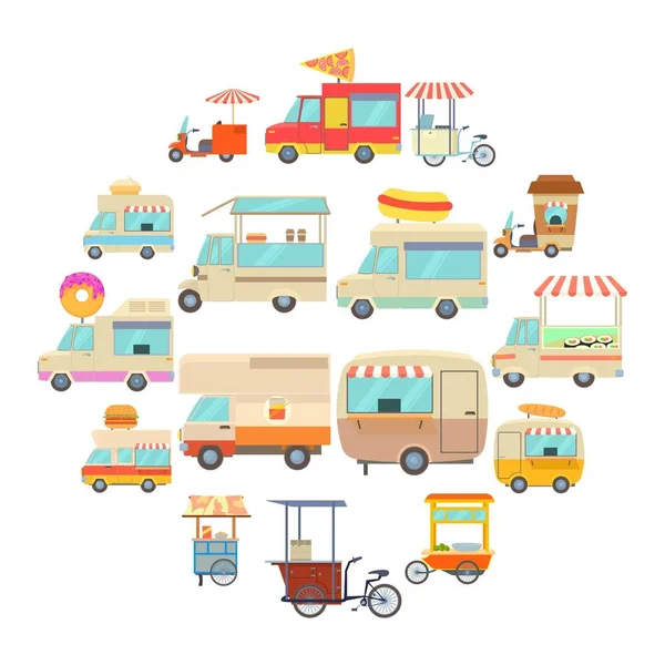 Juegos de iconos de vehículos de comida callejera, estilo de dibujos animados — Vector de stock
