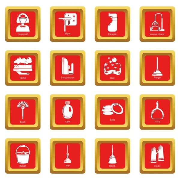 Iconos de herramientas de limpieza conjunto rojo cuadrado vector — Vector de stock