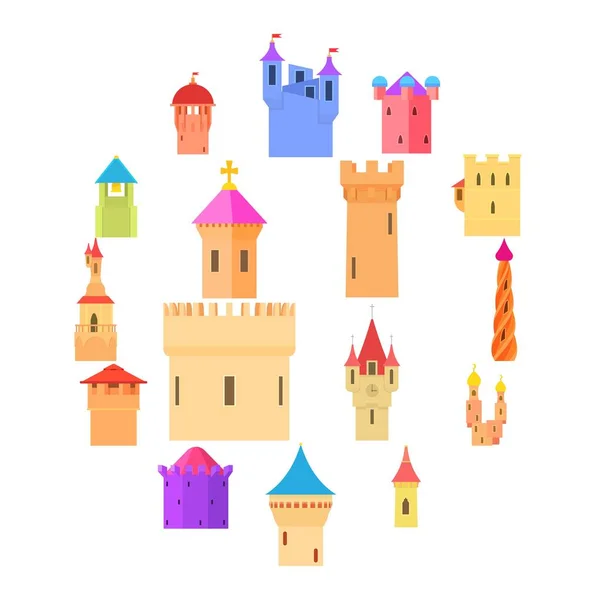 Castillo de la torre de iconos de color conjunto, estilo de dibujos animados — Archivo Imágenes Vectoriales