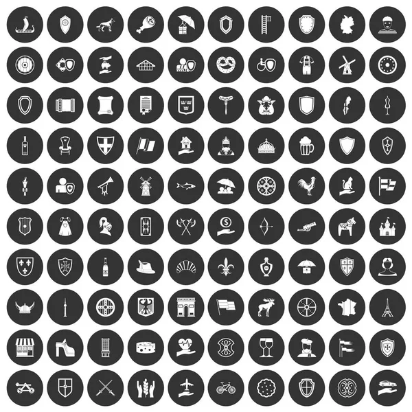 100 значков щитов устанавливают черный круг — стоковый вектор