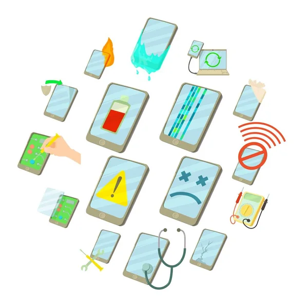 Reparatie telefoons vast iconen set, cartoon stijl — Stockvector