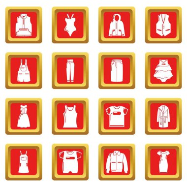 Moda giysiler Icons set kırmızı kare vektör