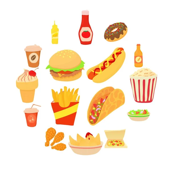 Fast food ikoner set, tecknad stil — Stock vektor