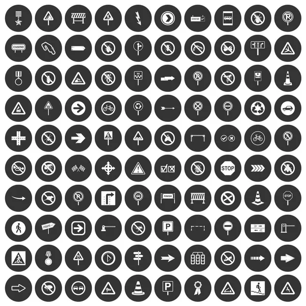 100 yol işaretleri simgeler kümesi siyah daire — Stok Vektör