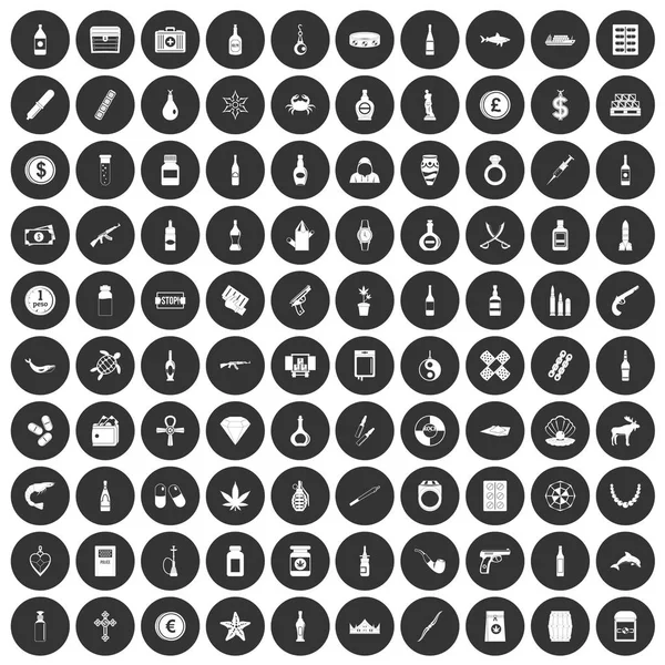 Siyah Daire 100 kaçakçılık ürünler Icons set — Stok Vektör