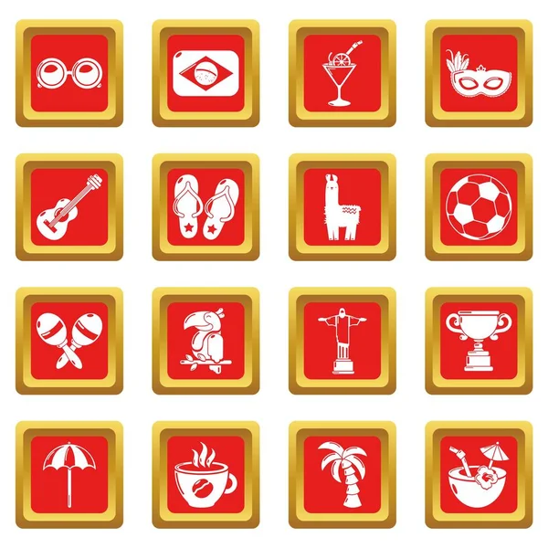 Viajes Brasil iconos conjunto rojo cuadrado vector — Vector de stock