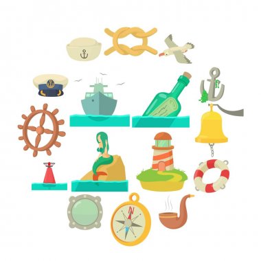 Nautical sea icons set, cartoon style clipart