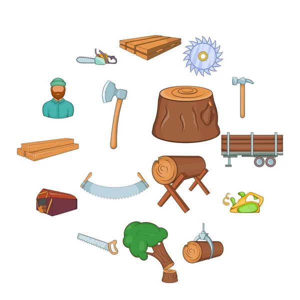 Набор иконок деревообрабатывающей промышленности, стиль мультфильма — стоковый вектор