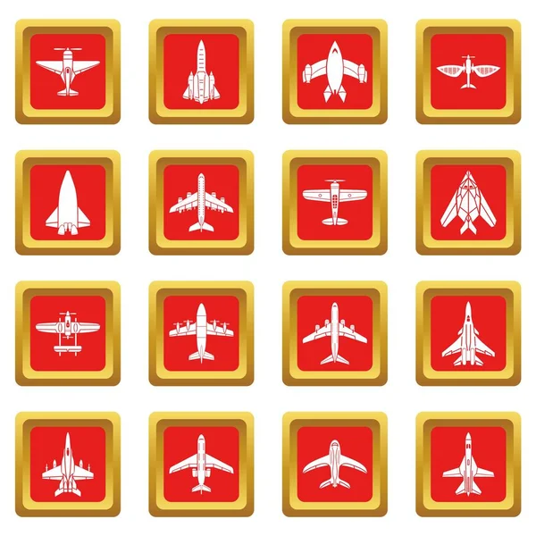 Icônes de vue du dessus de l'avion ensemble vecteur carré rouge — Image vectorielle
