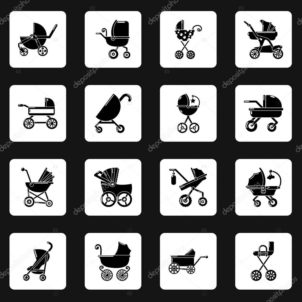 Baby carriage icons set. Simple illustration of 16 baby carriage vector icons for web