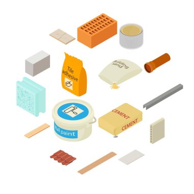 Building materials icons set, isometric style clipart