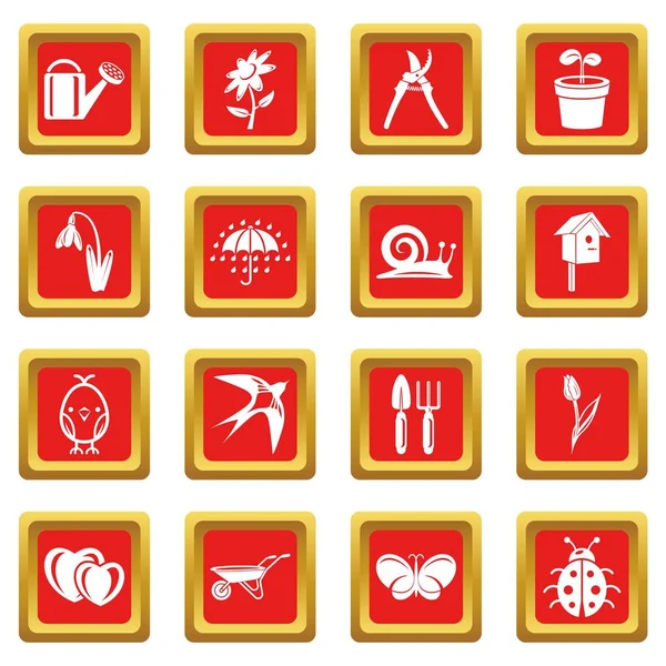 Iconos de primavera conjunto rojo cuadrado vector — Vector de stock