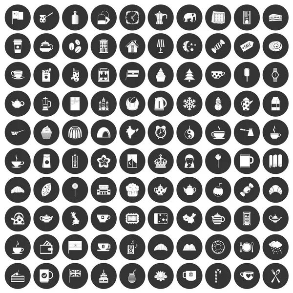100 Thee beker iconen instellen zwarte cirkel — Stockvector