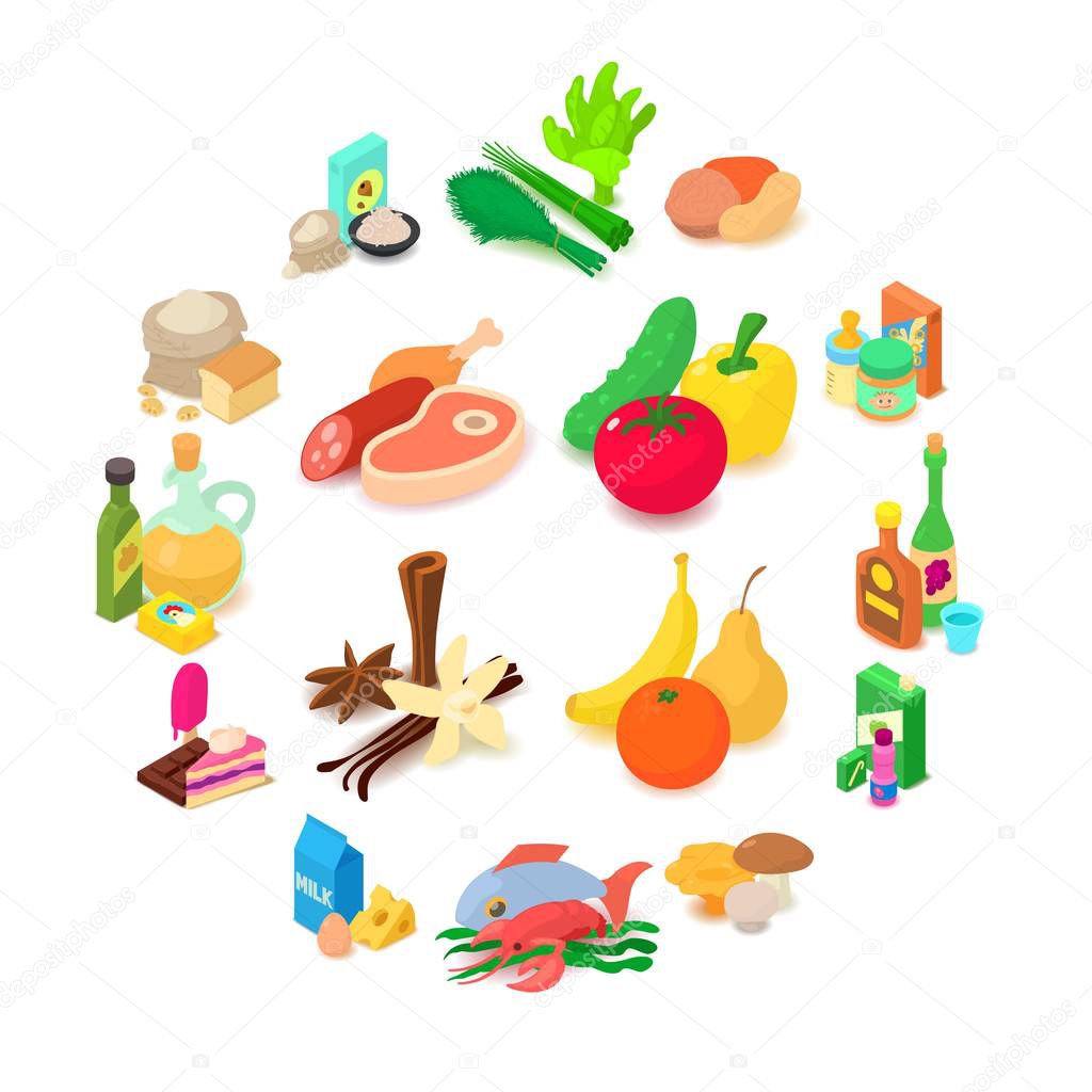 Shop navigation foods icons set, isometric style