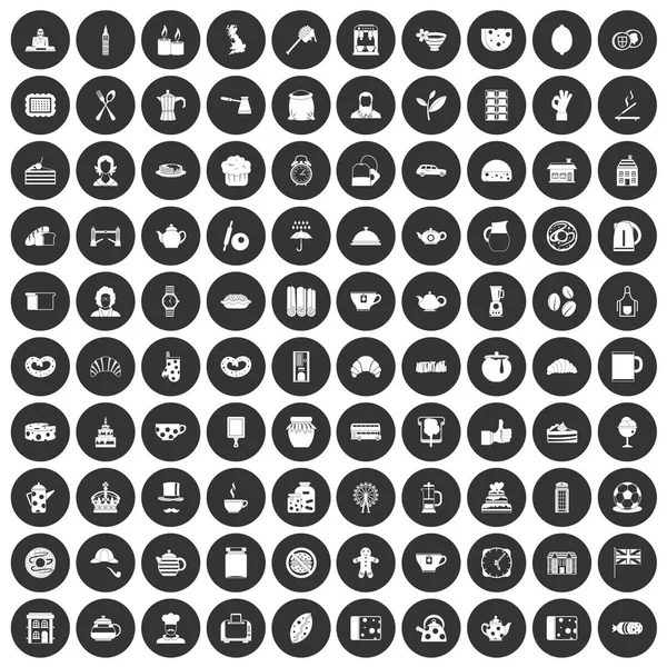 100 icônes de la nourriture heure du thé mis cercle noir — Image vectorielle