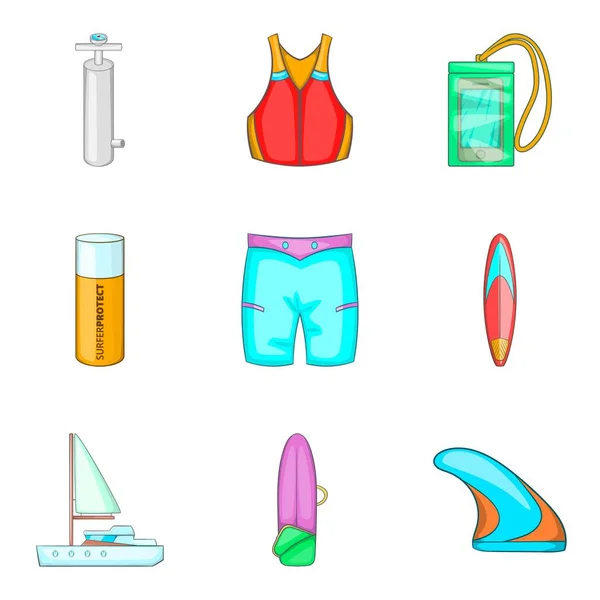 Water sport activity icons set, cartoon style