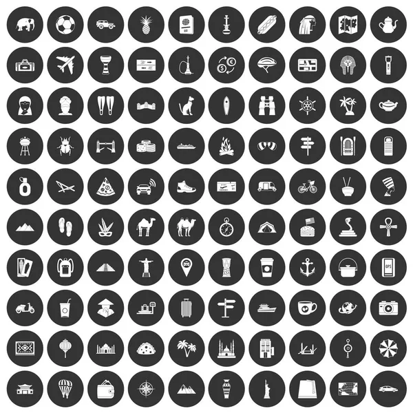 100 icônes du tourisme mis cercle noir — Image vectorielle