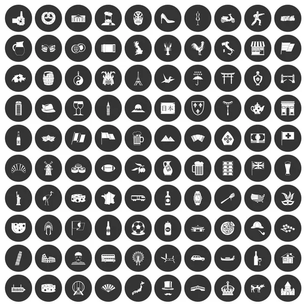 100 attractions touristiques icônes mis cercle noir — Image vectorielle