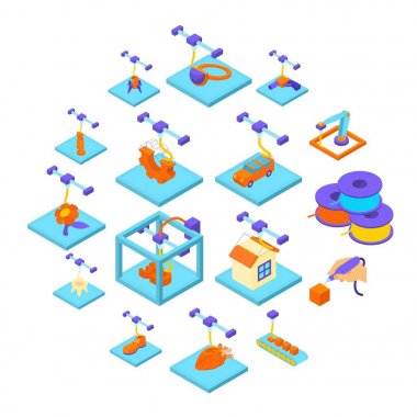 3D baskı düğme simgeler kümesi, izometrik stili