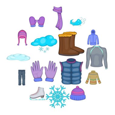Kış giysileri simgeler ayarla, tarzı çizgi film
