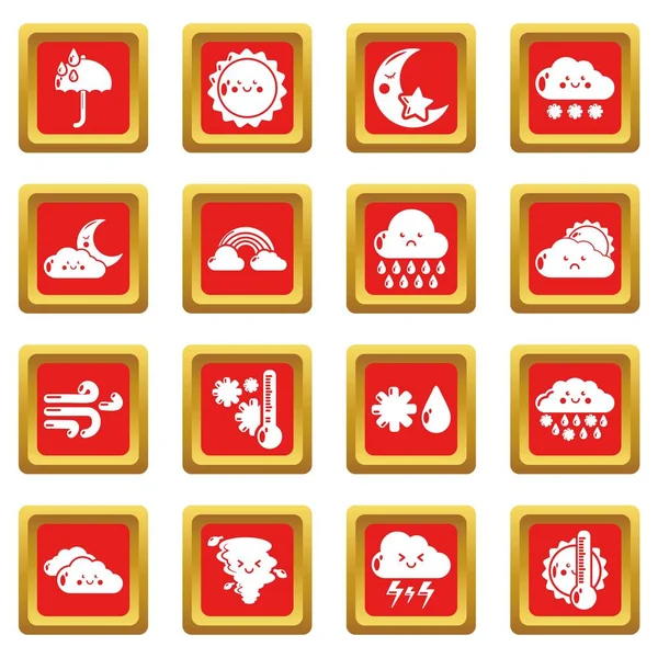 Weater icons set red square vector — Stock Vector