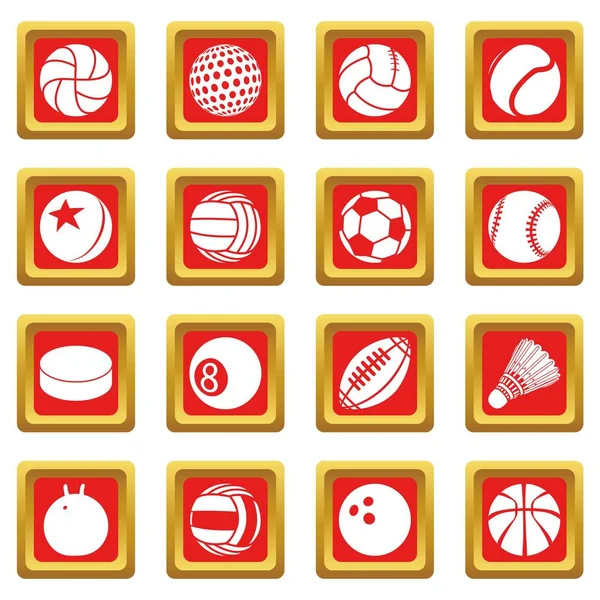 Bolas de deporte iconos conjunto rojo cuadrado vector — Archivo Imágenes Vectoriales