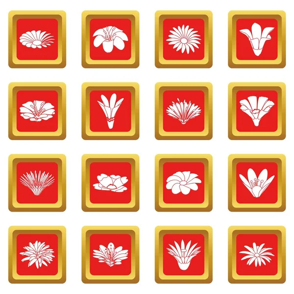 Ícones de flores detalhadas conjunto vetor quadrado vermelho —  Vetores de Stock