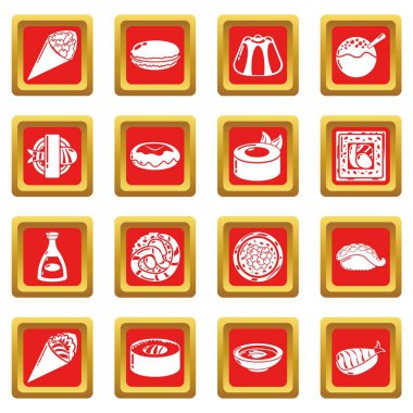 Japonya gıda Icons set kırmızı kare vektör