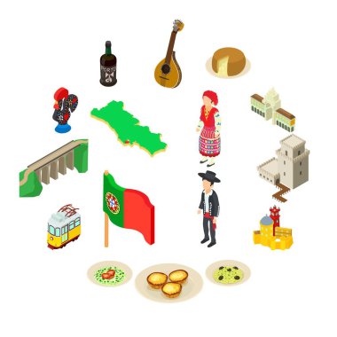Portekiz seyahat Icons set, izometrik stili
