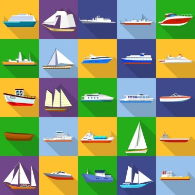 Marine vessels types icons set, flat style clipart