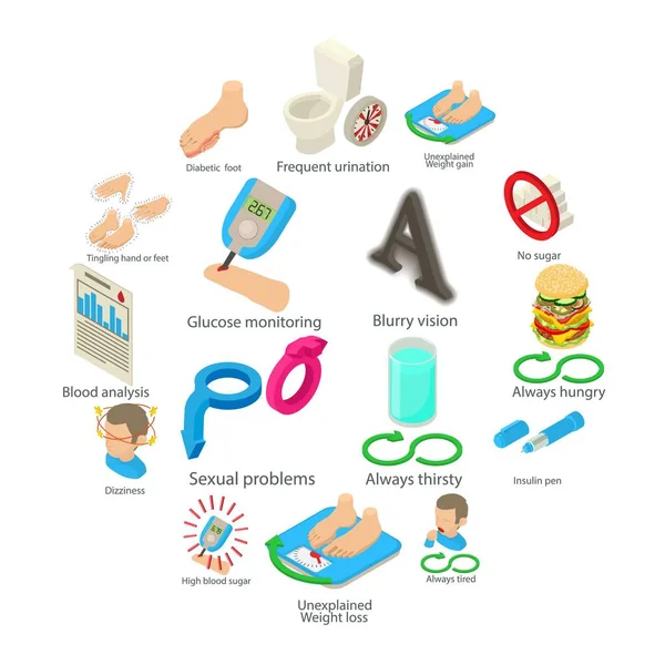 Diyabet hastalığı Icons set, izometrik stili — Stok Vektör