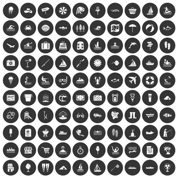 100 ícones de recreação de água definir círculo preto —  Vetores de Stock