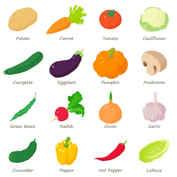 Vegetales nombres firmados iconos conjunto, estilo isométrico — Vector de stock