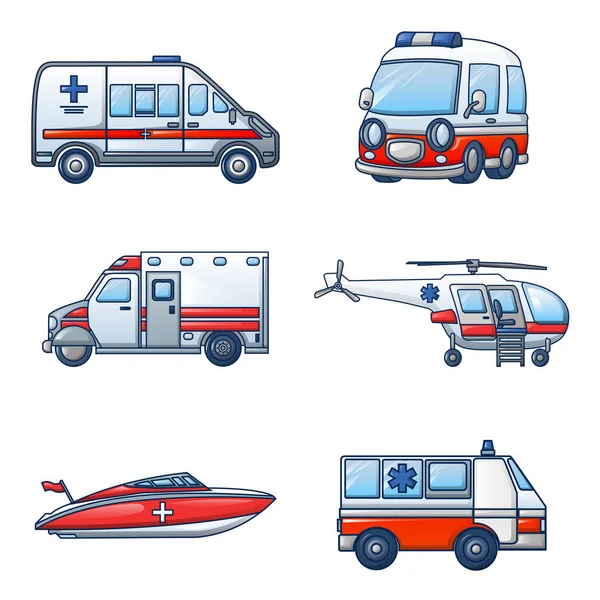 Conjunto de iconos de transporte de ambulancia, estilo de dibujos animados — Vector de stock