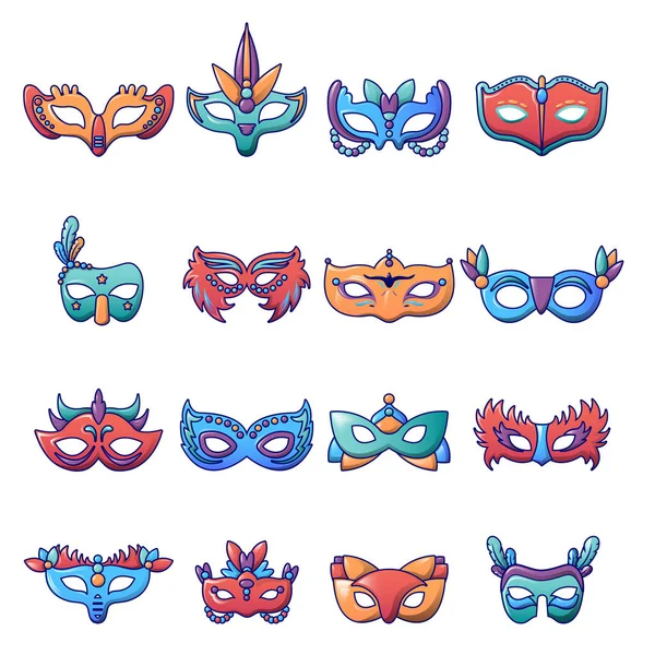 Karneval maska benátská ikony set, kreslený styl — Stockový vektor
