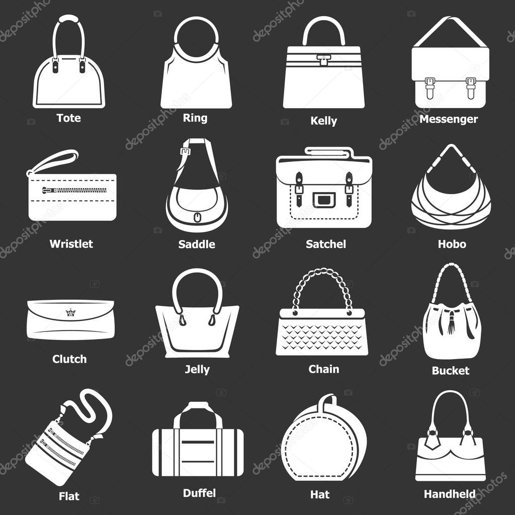 Woman bag types icons set grey vector