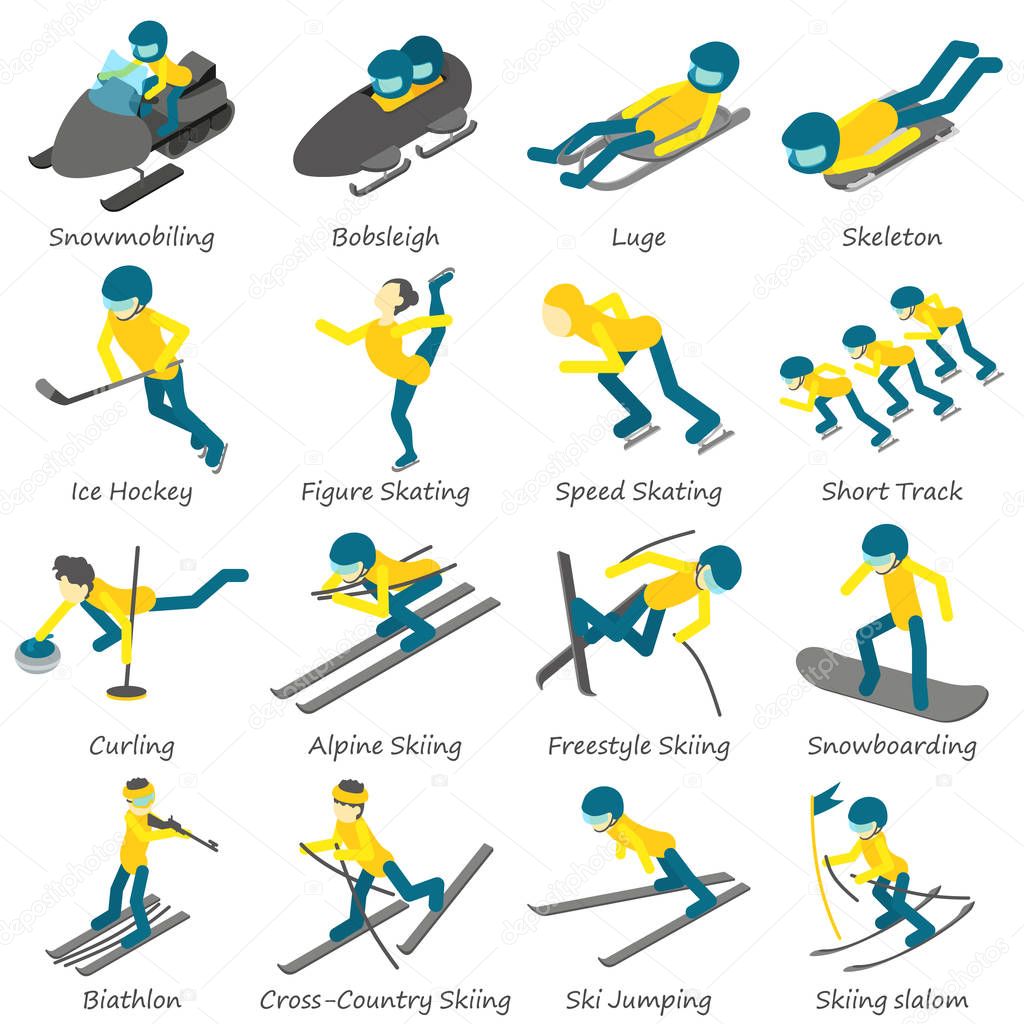 Winter sport ski board icons set, isometric style