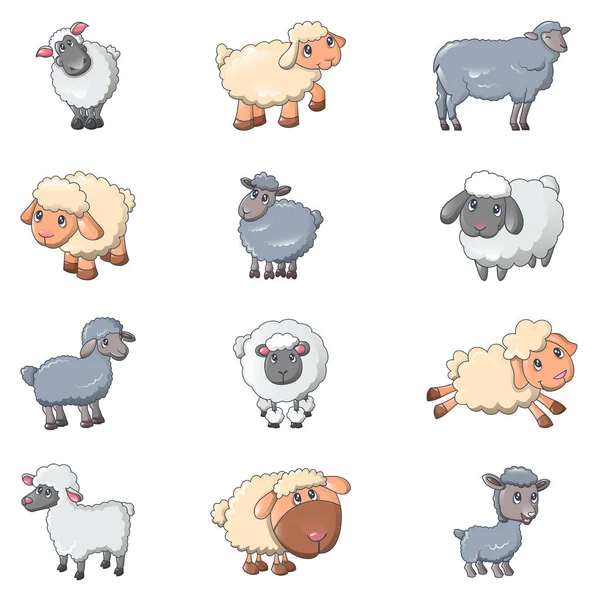 Får söta lamm gård iicons uppsättning, tecknad stil — Stock vektor
