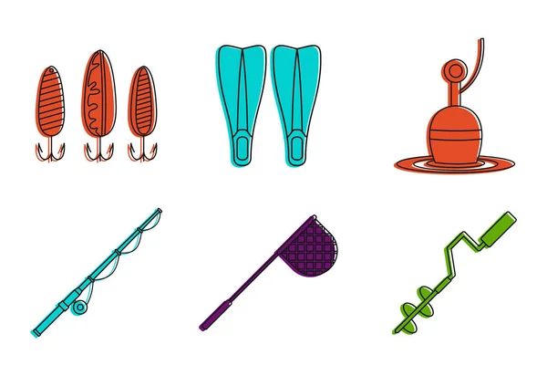 Conjunto de iconos de herramienta de pesca, estilo de esquema de color — Vector de stock