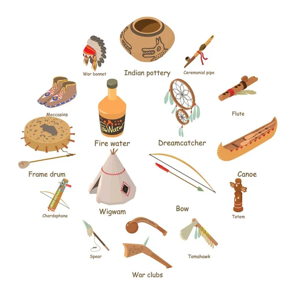 Indianen etnische Amerikaanse iconen set, isometrische stijl — Stockvector