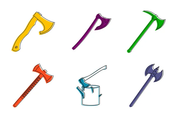 Conjunto de iconos de hacha, estilo de contorno de color — Vector de stock