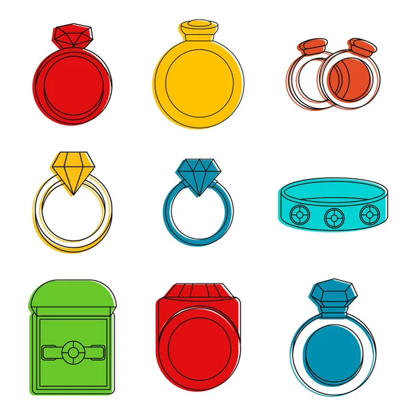 Conjunto de iconos de anillos, estilo de contorno de color — Archivo Imágenes Vectoriales