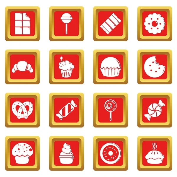 Sweets candy cakes icons set red square vector — Stock Vector