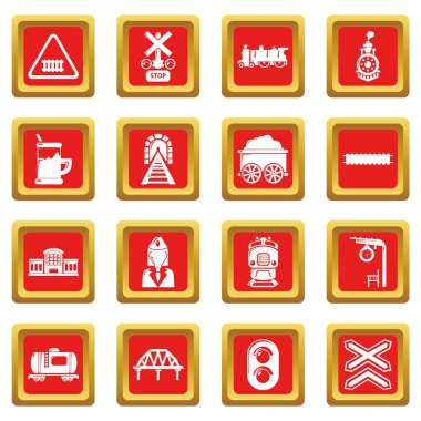 Tren demiryolu Icons set kırmızı kare vektör