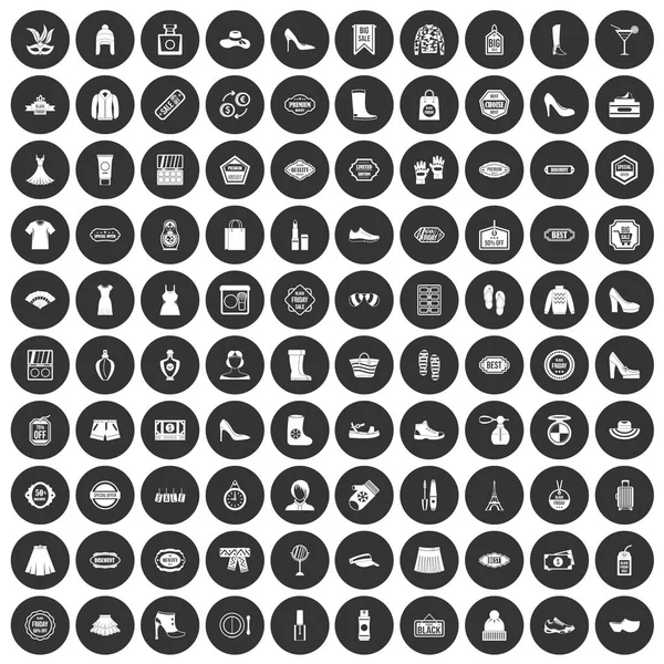 100 ícones de compras mulher definir círculo preto —  Vetores de Stock