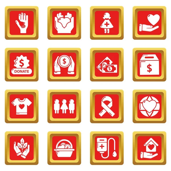Ícones de caridade conjunto vetor quadrado vermelho — Vetor de Stock
