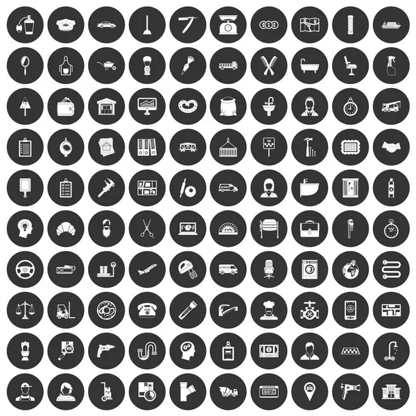100 fungují ikony set černý kruh — Stockový vektor